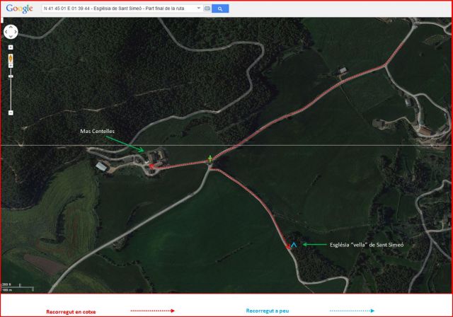 Camí d'accés a l'Església vella de Sant Simeó de Centelles – Rajadell - Ruta - Part final - Captura de pantalla de Google Maps, complementada amb anotacions manuals.