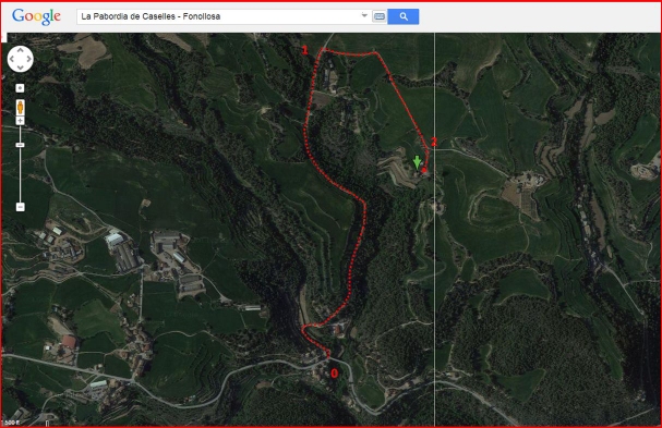La Pabordia de Caselles - Itinerari - Captura de pantalla d'un mapa de Google Maps, complementada amb anotacions manuals.
