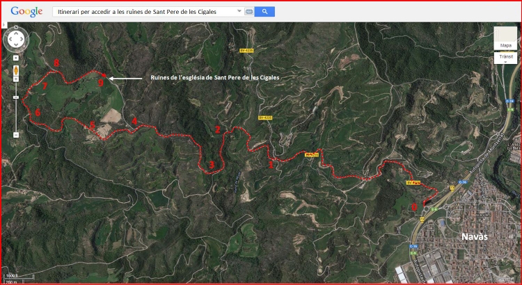Ruïnes de l’església de Sant Pere de les Cigales – Navàs - Itinerari - Captura de pantalla de Google Maps, complementada amb anotacions manuals.