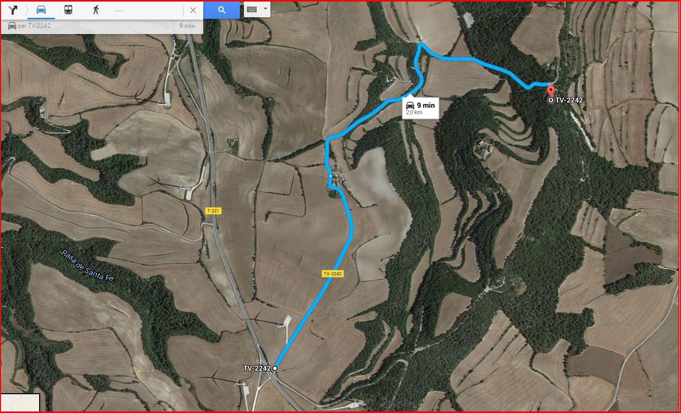 Itinerari d'accés a l'església de Sant Miquel de la Portella - Proposta de Google Maps - Captura de pantalla de Google Maps, complementada amb anotacions manuals
