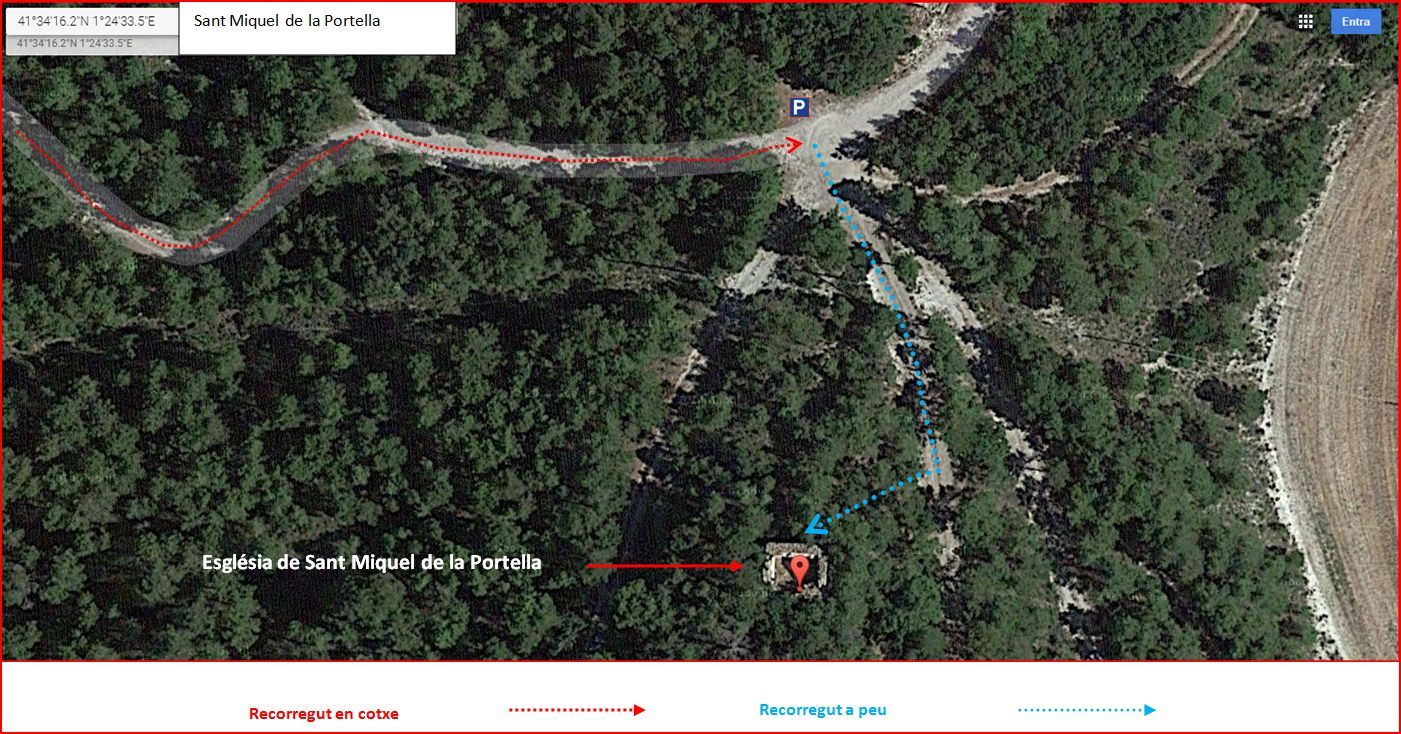 Itinerari d'accés a l'església de Sant Miquel de la Portella - DETALL - Part final - Captura de pantalla de Google Maps, complementada amb anotacions manuals