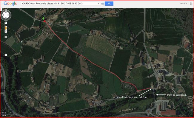 Pont de La Lleura – Cardona - Itinerari - Captura de pantalla de Google Maps, complementada amb anotacions manuals.