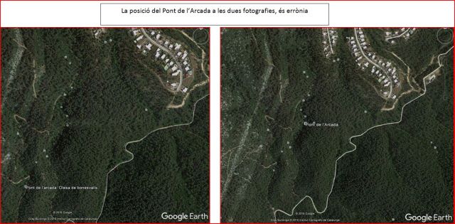 Pont de l’Arcada – Olesa de Bonesvalls - Captura de pantalla de Google Earth. Les dues posicions assenyalades, són errònies