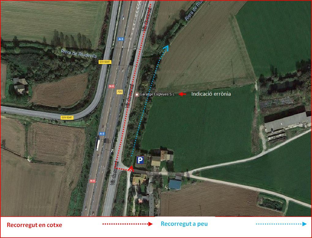 Camí al Pont de Riudevilla – Riudellots de la Selva - Captura de pantalla de Google Maps, complementada amb anotacions manuals