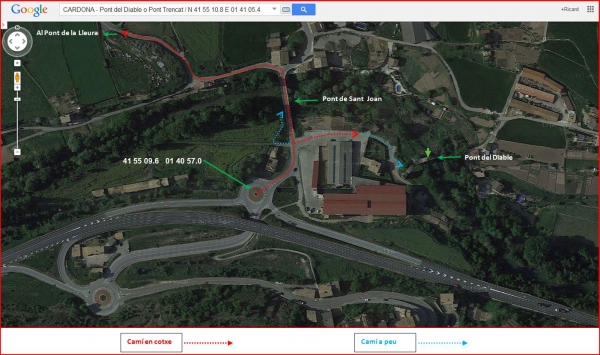Cardona - Itinerari per anar al Pont del Diable o Pont trencal, al Pont de Sant Joan i al Pont de la Lleura - Captura de pantalla de Google Maps, complementada amb anotacions manuals.