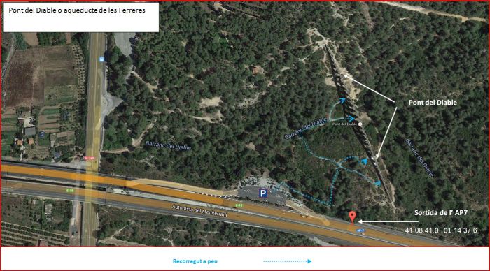 Pont del Diable – Tarragona - Itinerari - Captura de pantalla de Google Maps, complementada amb anotacions manuals.