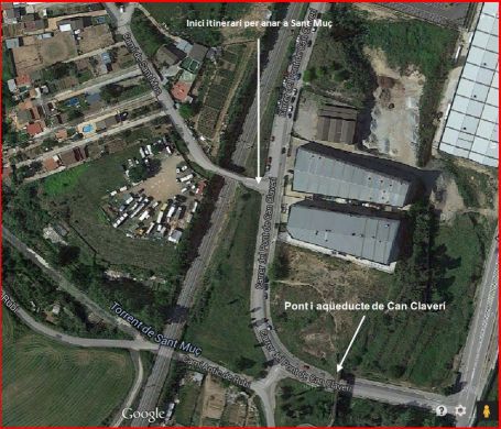 Pont i aqüeducte de Can Claverí – Rubí - Captura de pantalla de Google Maps, complementada amb anotacions manuals.