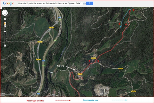 Ruïnes de l'església de Sant Pere de les Cigales – Gaià - Itinerari - 2ª part - Captura de pantalla de Google Maps, complementada amb anotacions manuals.