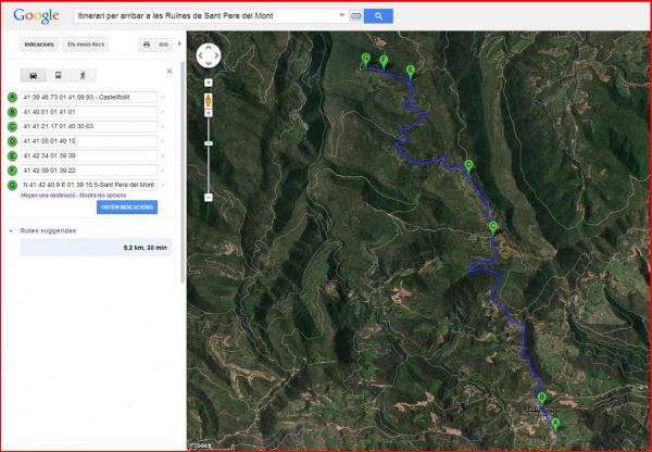 Ruïnes de Sant Pere del Mont - Castellfollit del Boix - Itinerari - Captura de pantalla de Google Maps, complementada amb anotacions manuals.