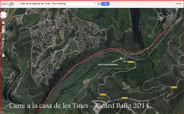 Camí a les Tines de la casa de les tines - Talamanca / Itinerari intermig - Captura de pantalla de Google Maps, complementada amb anotacions manuals