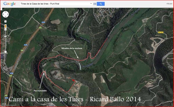 Camí a les Tines de la casa de les tines - Talamanca / Itinerari final - Captura de pantalla de Google Maps, complementada amb anotacions manuals