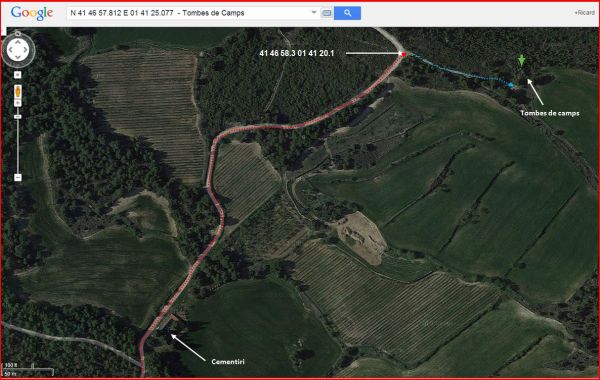 Tombes de Camps - Itinerari - Captura de pantalla de Google Maps, complementada amb anotacions manuals.