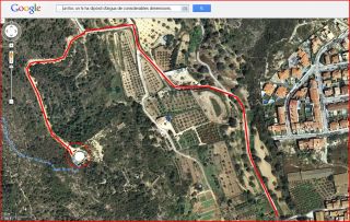 Torre de Cucurull - Itinerari - Captura de pantalla de Google Maps, complementada amb anotacions manuals. En color blau l'inici del camí a peu.
