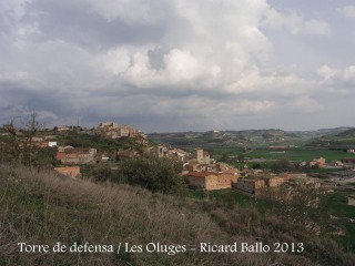 Vistes des de la Torre de defensa de les Oluges. En primer terme, la població de les Oluges. Al fons, la diminuta figura de Montfalcó Murallat.