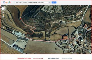 Torre de defensa de les Oluges - Itinerari - Captura de pantalla de Google Maps, complementada amb anotacions manuals.