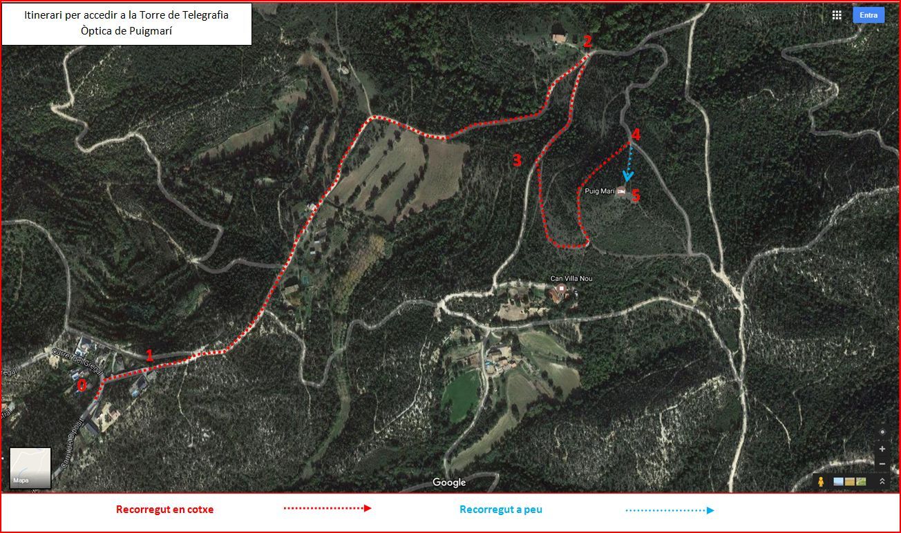 Torre de Telegrafia Òptica de Puigmarí – Maçanet de la Selva - Itinerari - Captura de pantalla de Google Maps, complementada amb anotacions manuals