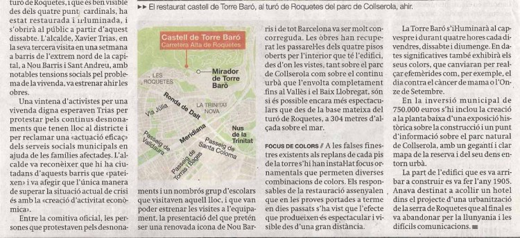 Torre del Baró - Informació extreta de "El periódico de Catalunya" - edició 12/11/2014