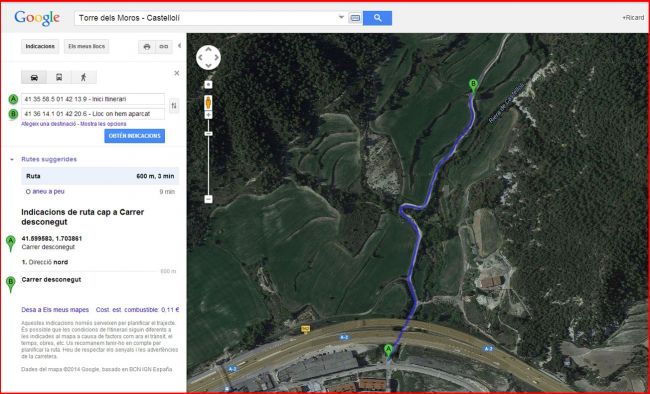 Camí a la Torre dels Moros – Castellolí - Captura de pantalla de Google Maps, complementada amb anotacions manuals.