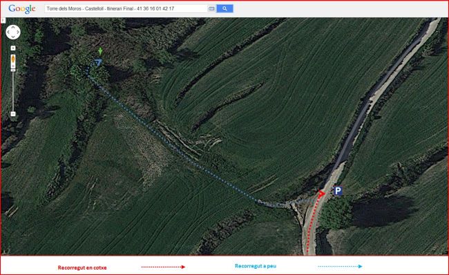Camí a la Torre dels Moros – Castellolí - Captura de pantalla de Google Maps, complementada amb anotacions manuals.