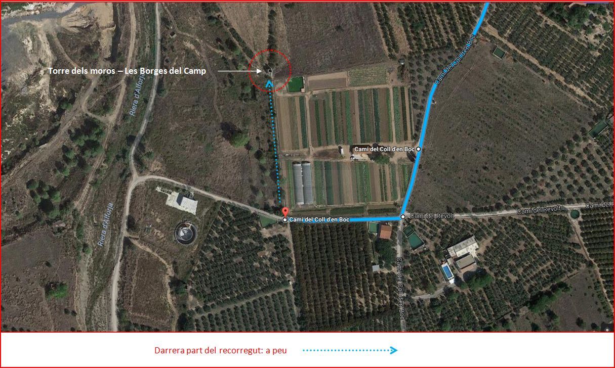 Torre dels moros-Borges del Camp - Itinerari - Captura de pantalla de Google Maps, complementada amb anotacions manuals